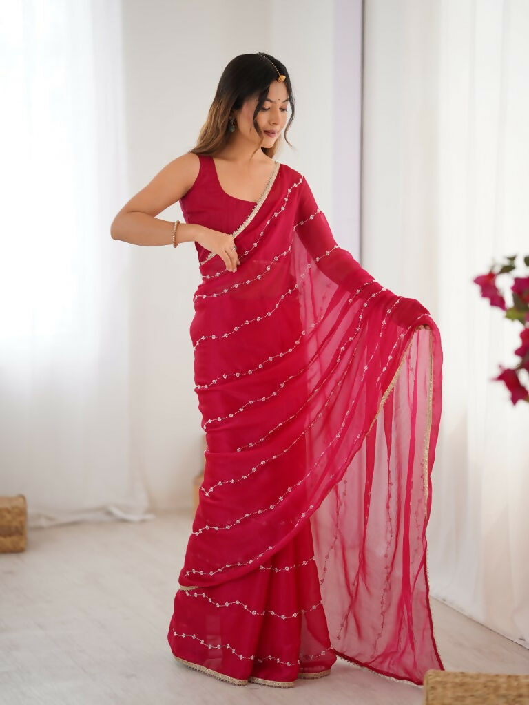 Pink Sitara Chiffon Designer Beads Moti,Val Sequence Work Saree - Noorie