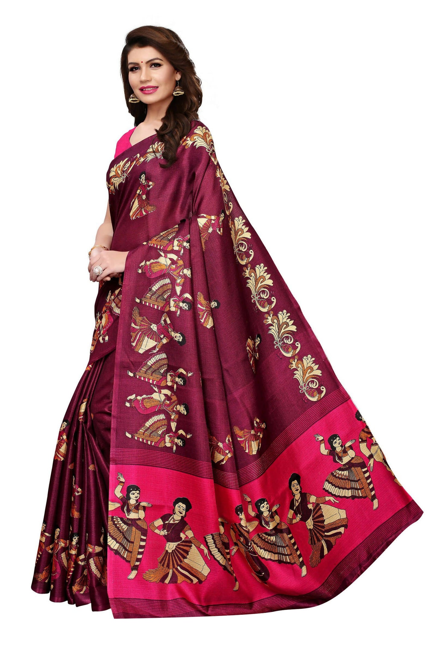 Vamika Wine Red & Pink Kalamkari With Jhalar Khadi Silk Saree