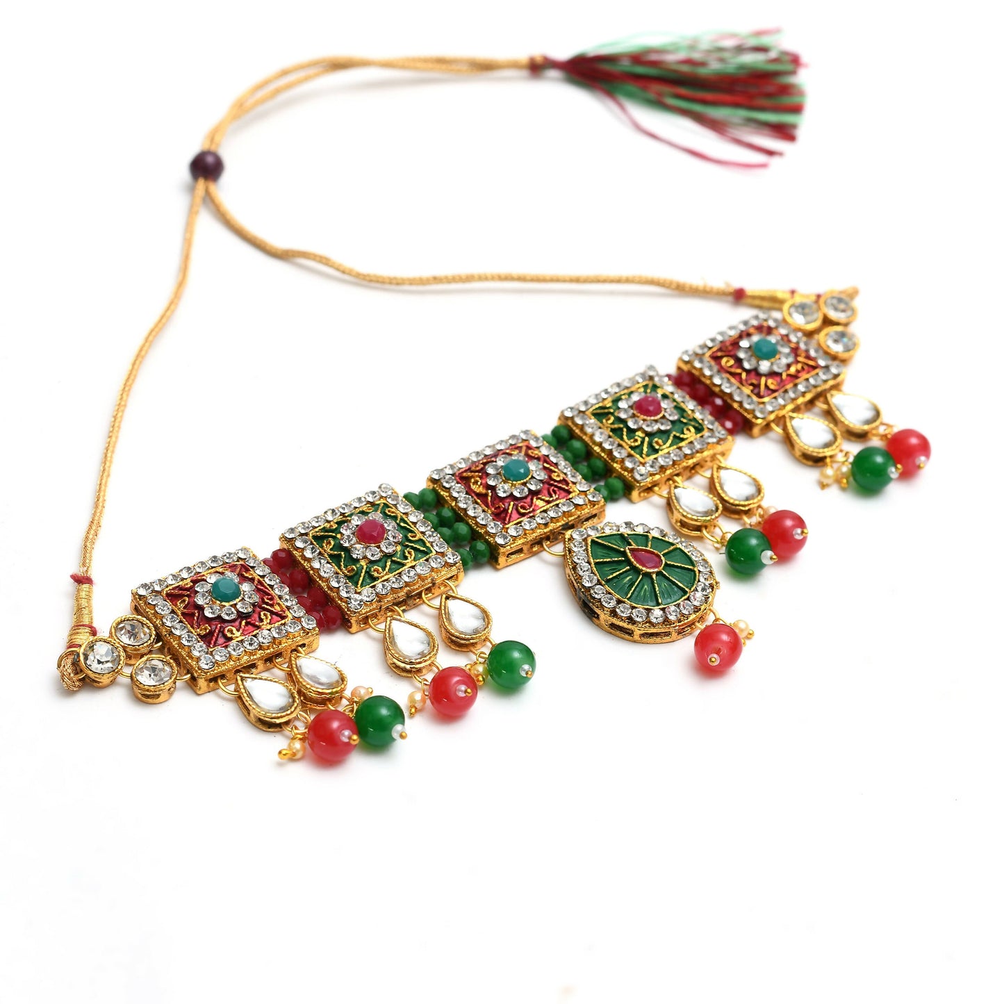 Mominos Fashion Johar Kamal Gold-Polished Brass Finish Meena & Pearls Work Choker For Women