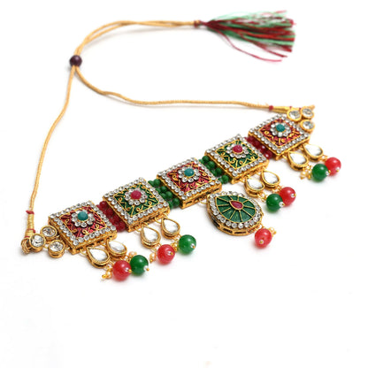 Mominos Fashion Johar Kamal Gold-Polished Brass Finish Meena & Pearls Work Choker For Women