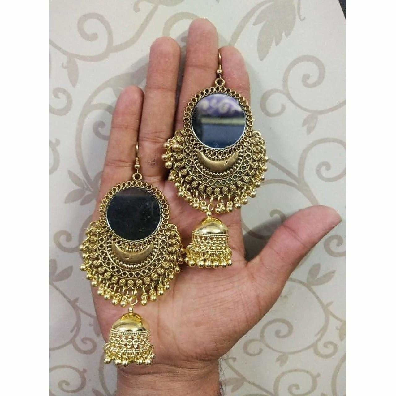 MS Fashion India Beautiful Gold Oxidized Mirror Jhumka Traditional Pearls Bridal Earrings