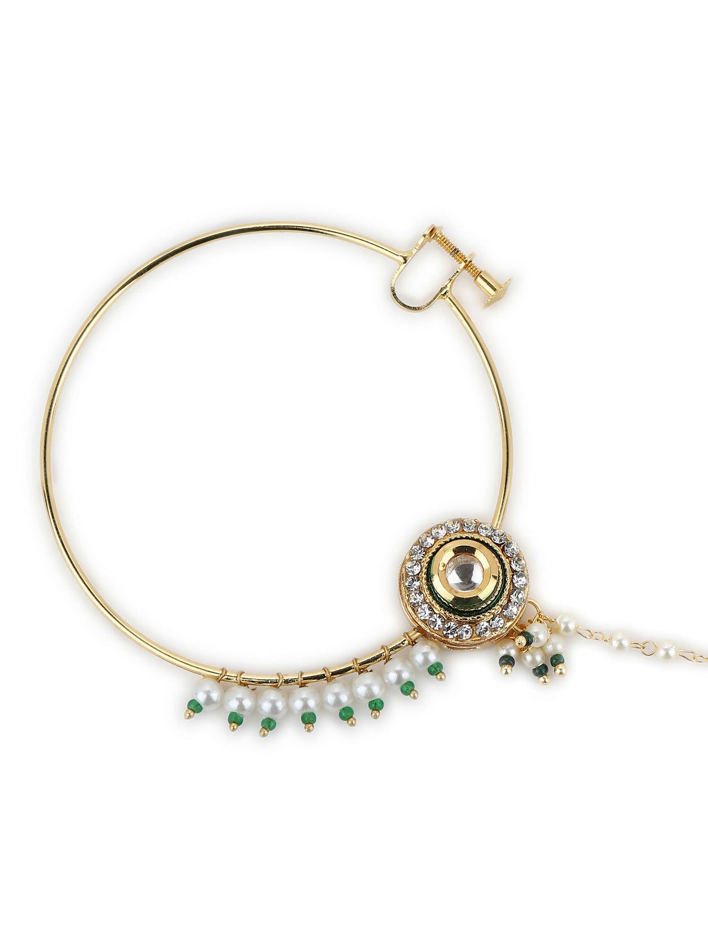 Gold-Polished White Green Kundan-Studded Pearl Beaded Nosepin - Ruby Raang