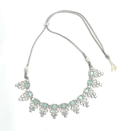 Mominos Fashion Johar Kamal Silver-Plated American Diamond Pista Green Choker Set