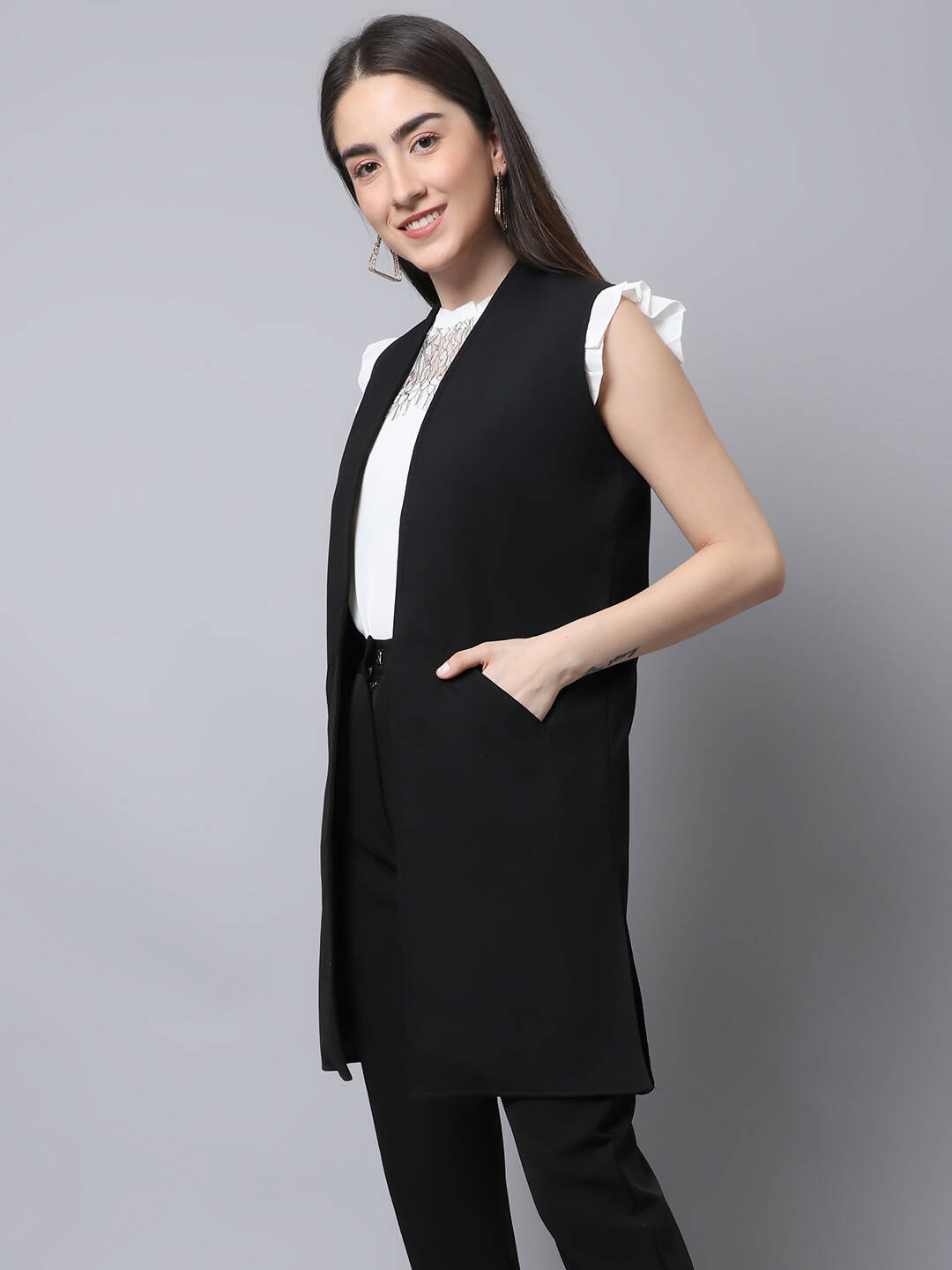Even Apparels Black Polywool Open Front Women's Long Coat PW668