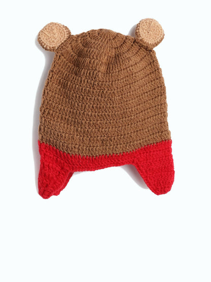 Chutput Kids Woollen Hand Knitted Bear Detail Cap - Brown