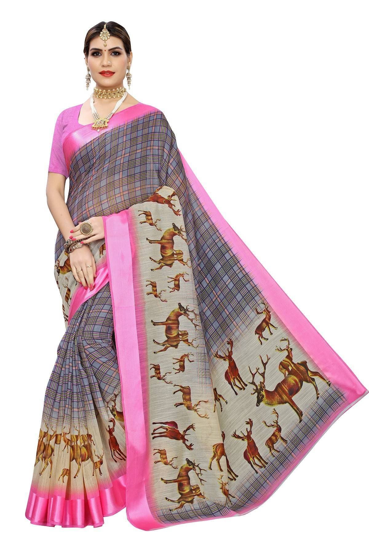 Vamika Rose and Grey Linen Digital Print with Satin Border Latest Saree