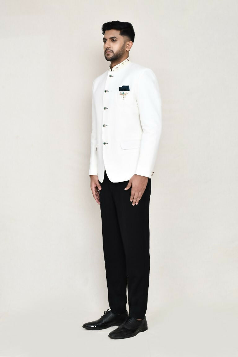 Joban Fashion White Colored Cotton Linen With Neck Embroidery Work Fabric Prince Coat, Pocket Square With Pant