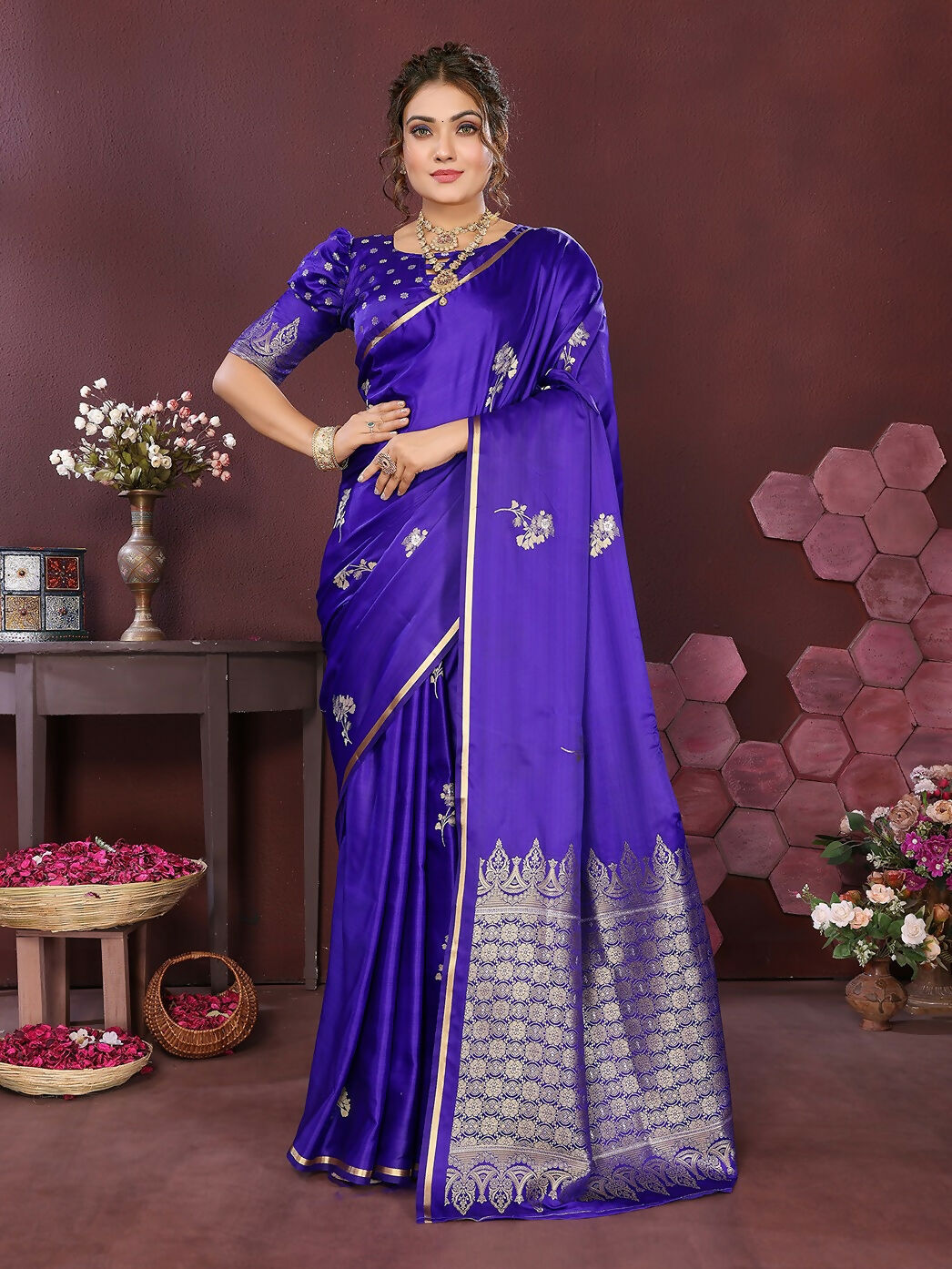 Joban Fashion Indigo Blue Floral Banarasi Silk Sarees