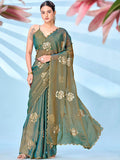 Tikhi Imli Floral Sequinned Embellished Satin Heavy Work Saree with Blouse Piece