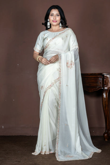 Morchari Off White Chiffon Hand Embroidery Saree And Stitched Blouse