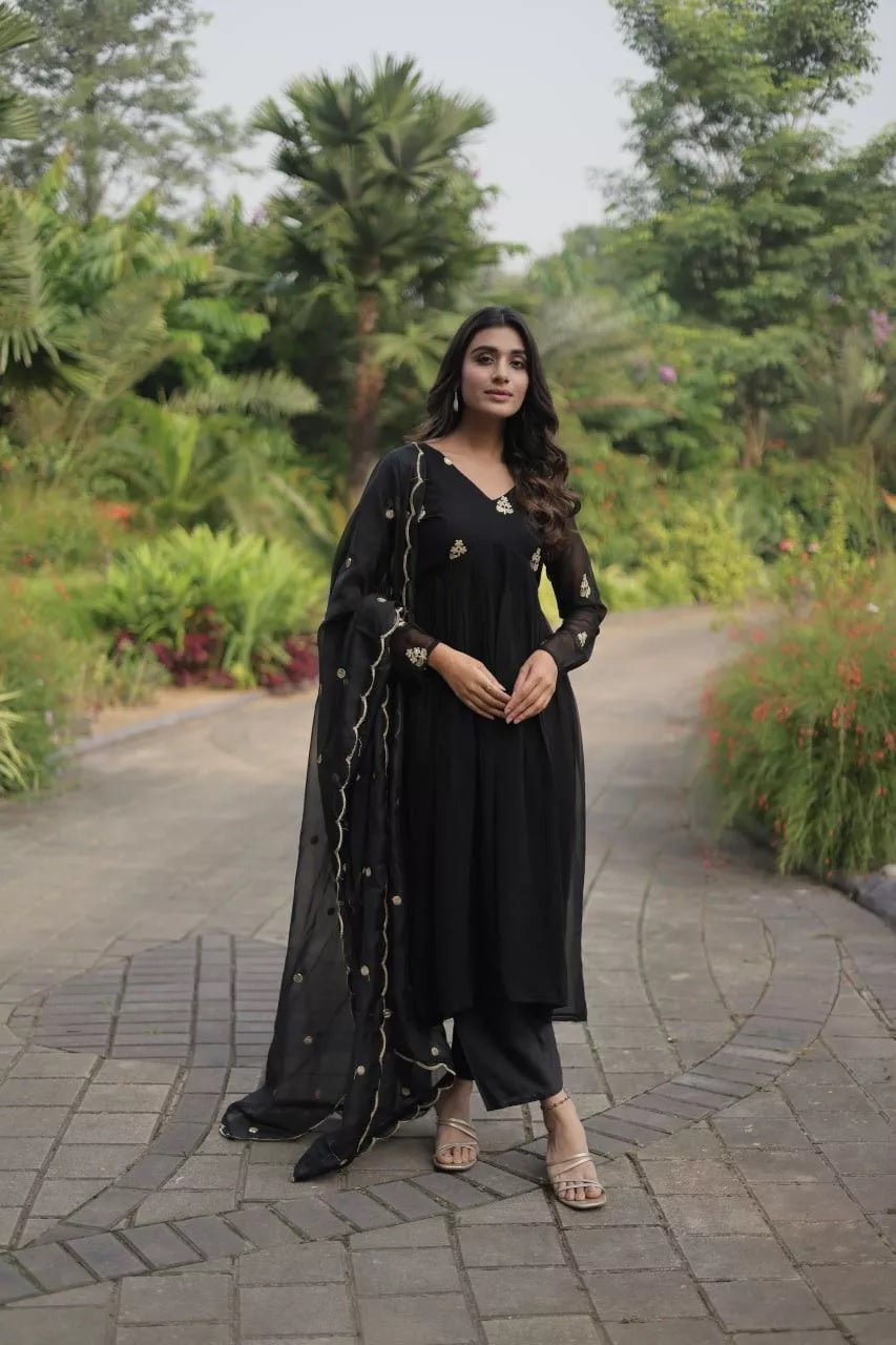 Blooming With Embroidery Work Fancy Top Bottom & Dupatta