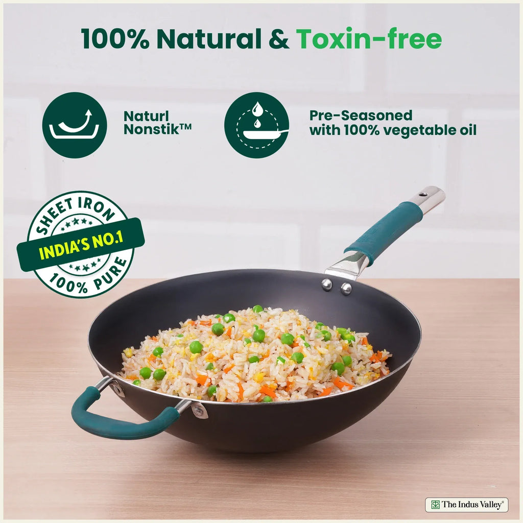 The Indus Valley 100% Pure Sheet Iron Wok with Silicone Handle 4L 30cm