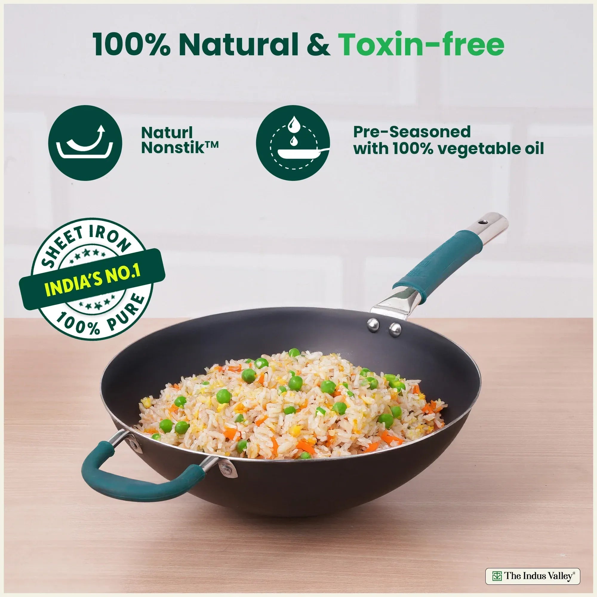 The Indus Valley 100% Pure Sheet Iron Wok with Silicone Handle 4L 30cm