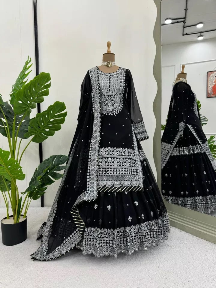Faux Georgette Sequence Work With Front Side Work Top Sharara With Dupatta