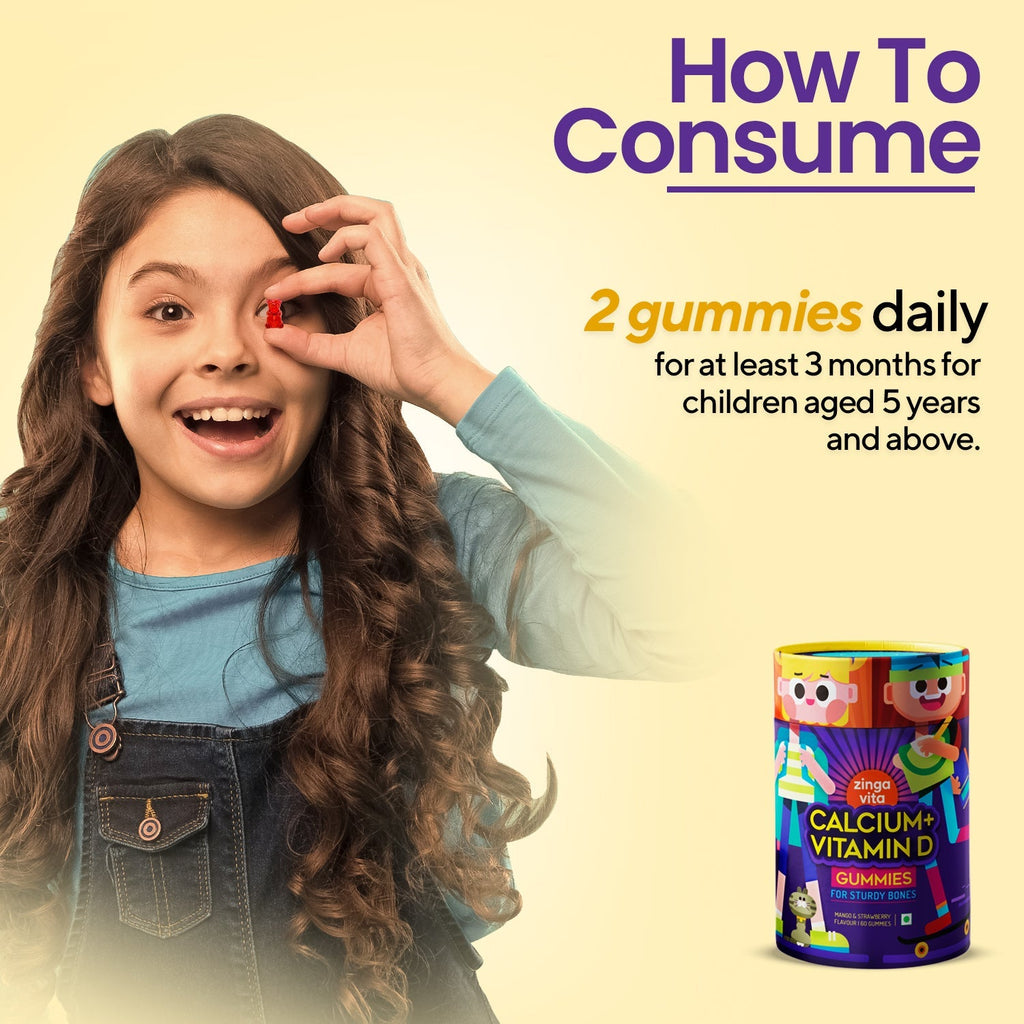 Zingavita Calcium and Vitamin D Gummies for Kids for Stronger Bones and Teeth - 60 gummies