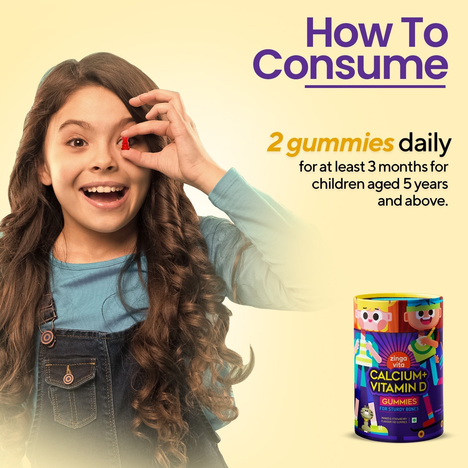 Zingavita Calcium and Vitamin D Gummies for Kids for Stronger Bones and Teeth - 60 gummies