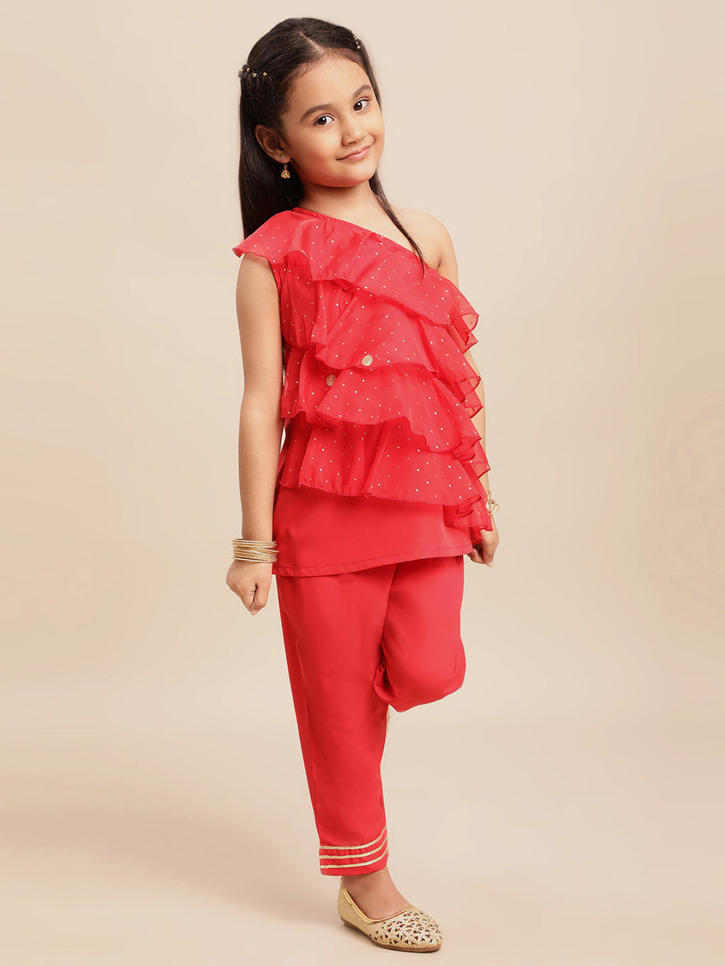 Ahalyaa Girls Red Embellished Ruffled Kurta with Trousers