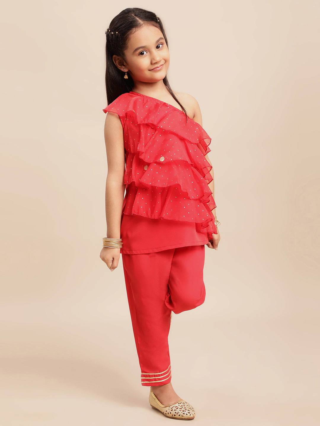 Ahalyaa Girls Red Embellished Ruffled Kurta with Trousers