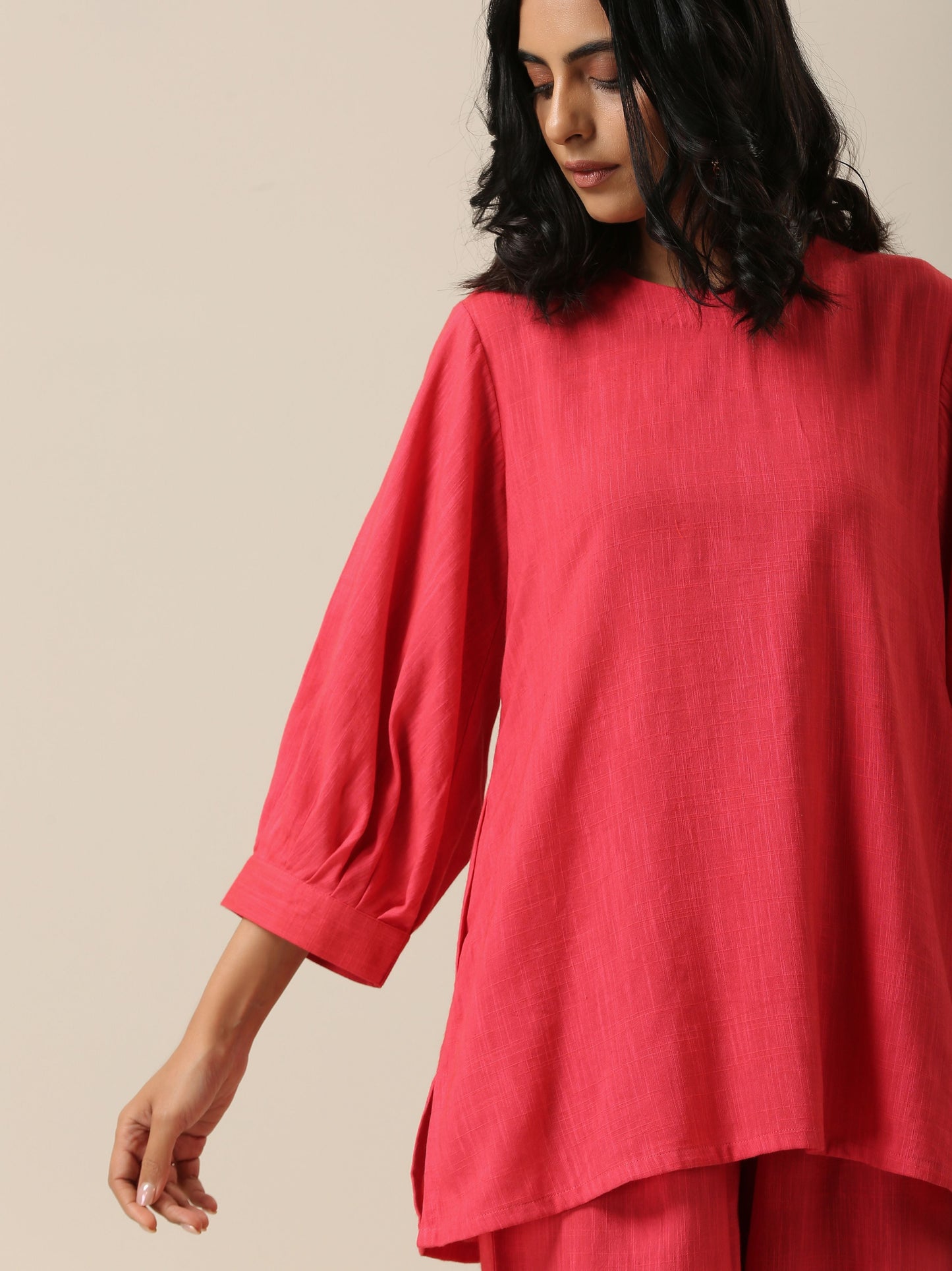 trueBrowns Bright Pink Slub Texture Baggy Sleeve Co-Ord Set | Relove