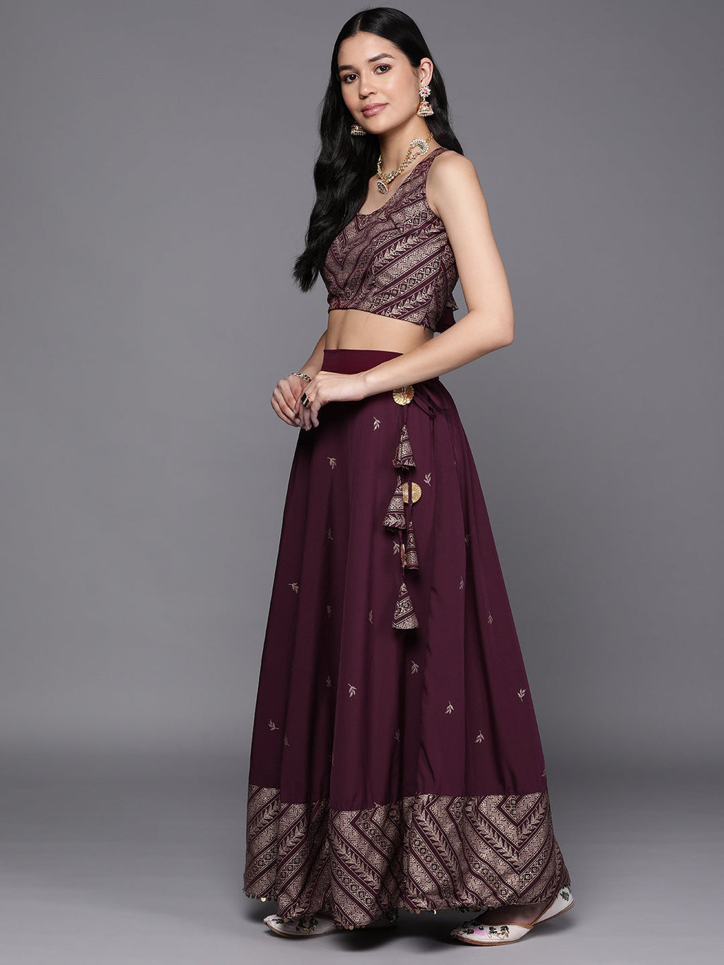 Ahalyaa Purple & Gold Toned Printed Sequinned Foil Print Ready to Wear Lehenga & Blouse With Dupatta