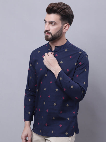 Even Apparels Blue Pure Cotton Short Kurta With Band Collar