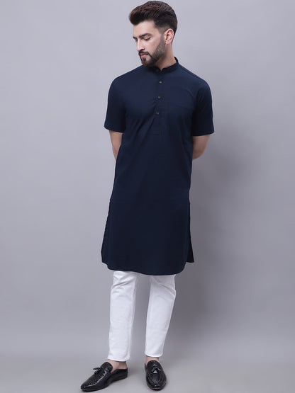 Even Apparels Blue Pure Cotton Short Sleeves Kurta With Band Collar