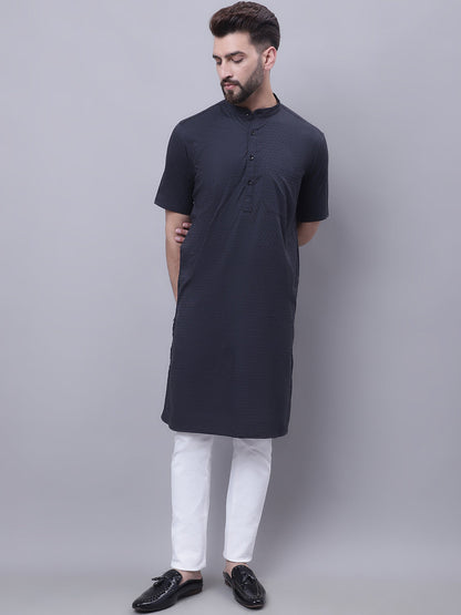 Even Apparels Black Pure Cotton Short Sleeves Kurta With Band Collar