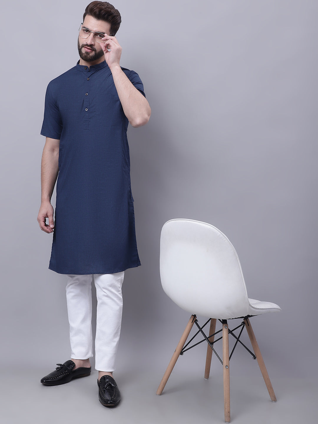 Even Apparels Blue Pure Cotton Short Sleeves Kurta With Band Collar