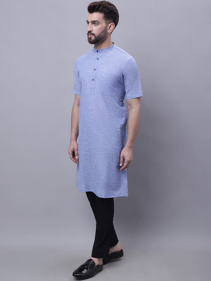 Even Apparels Blue Pure Cotton Short Sleeves Kurta With Band Collar
