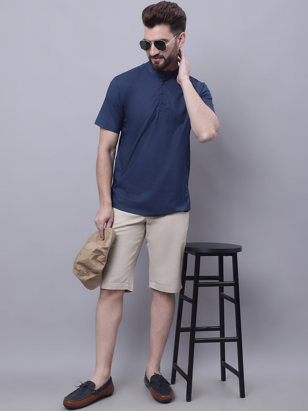 Even Apparels Blue Pure Cotton Short Kurta With Band Collar