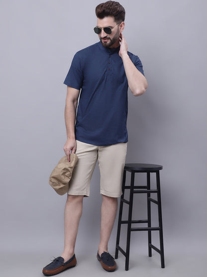 Even Apparels Blue Pure Cotton Short Kurta With Band Collar