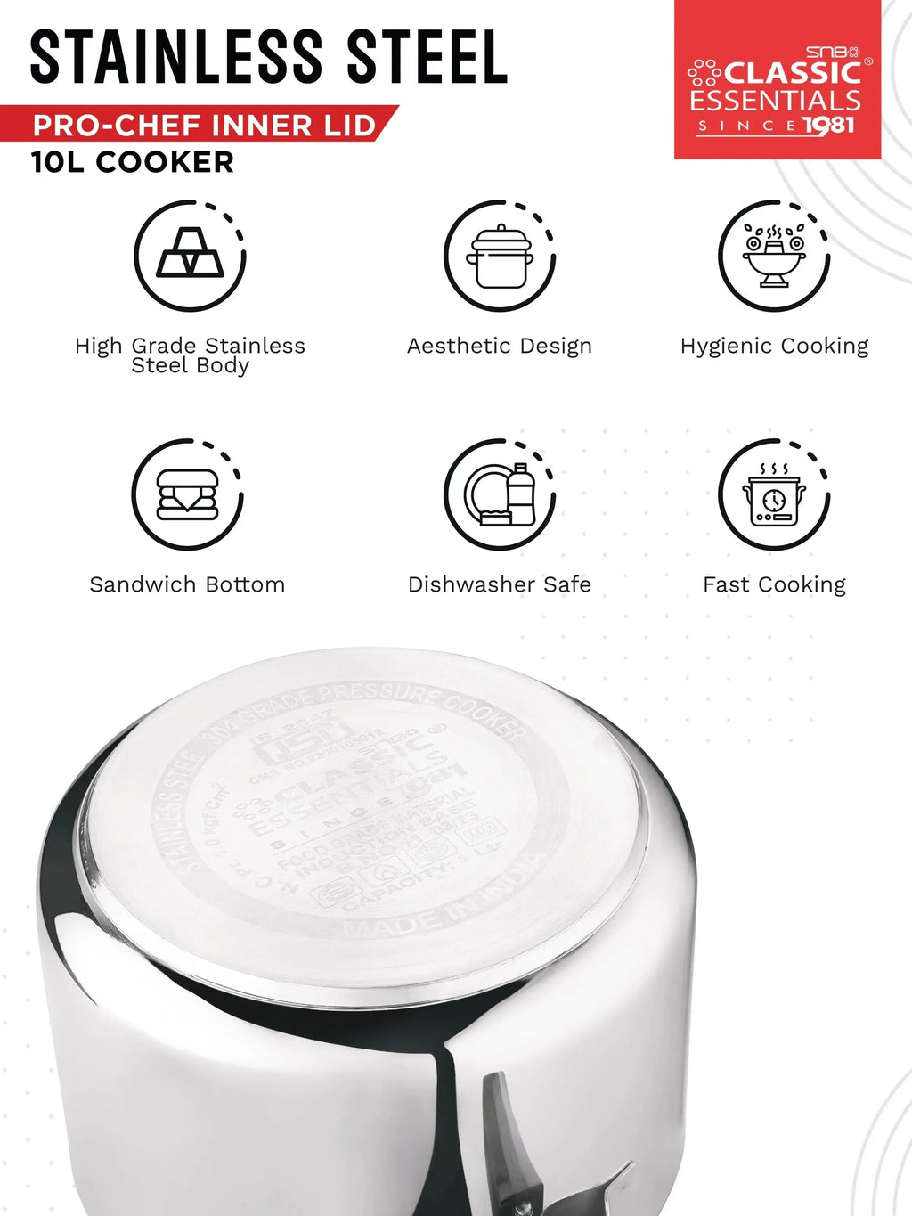 Classic Essentials Pro Chef Stainless Steel Pressure Straight Cooker Induction Base