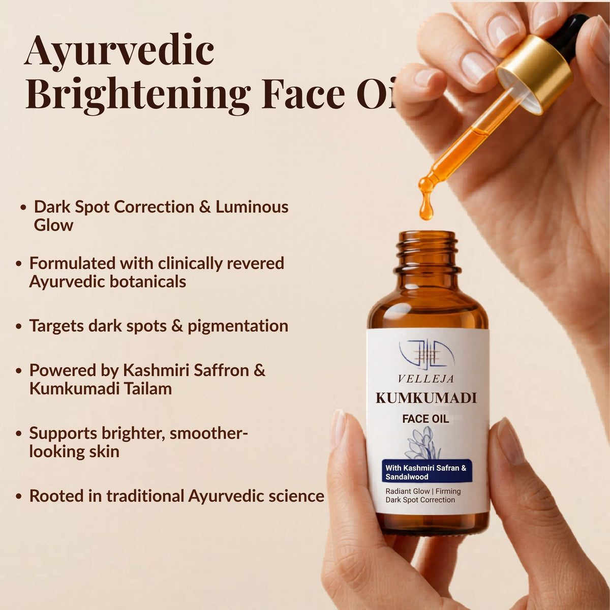 Velleja Kumkumadi Face Oil with Kashmiri Saffron & Sandalwood | Ayurvedic Anti Aging Face Serum for Brightening, Dark Spots & Pigmentation