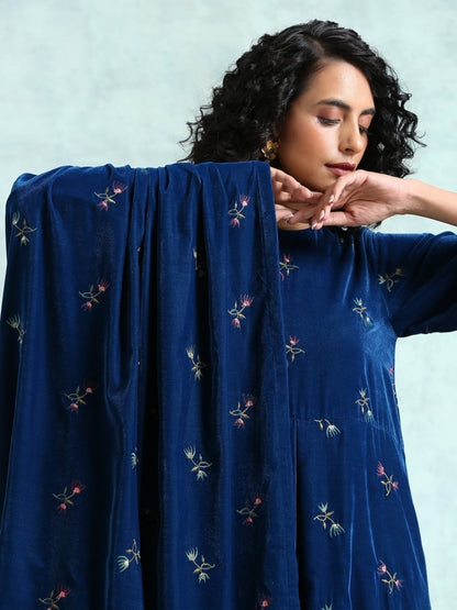 trueBrowns Blue Embroidered Velvet Shawl