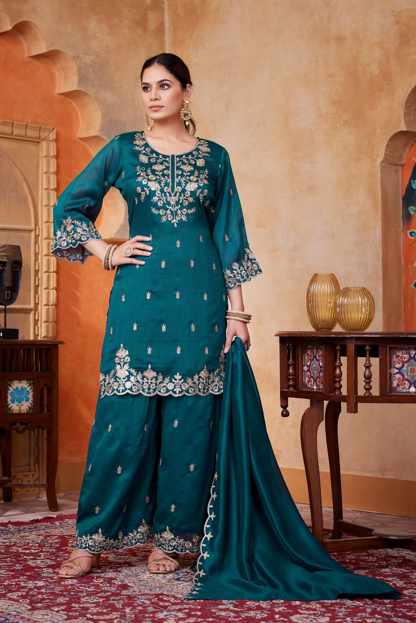 Anaita Teal Readymade Suit with Embroidery Work