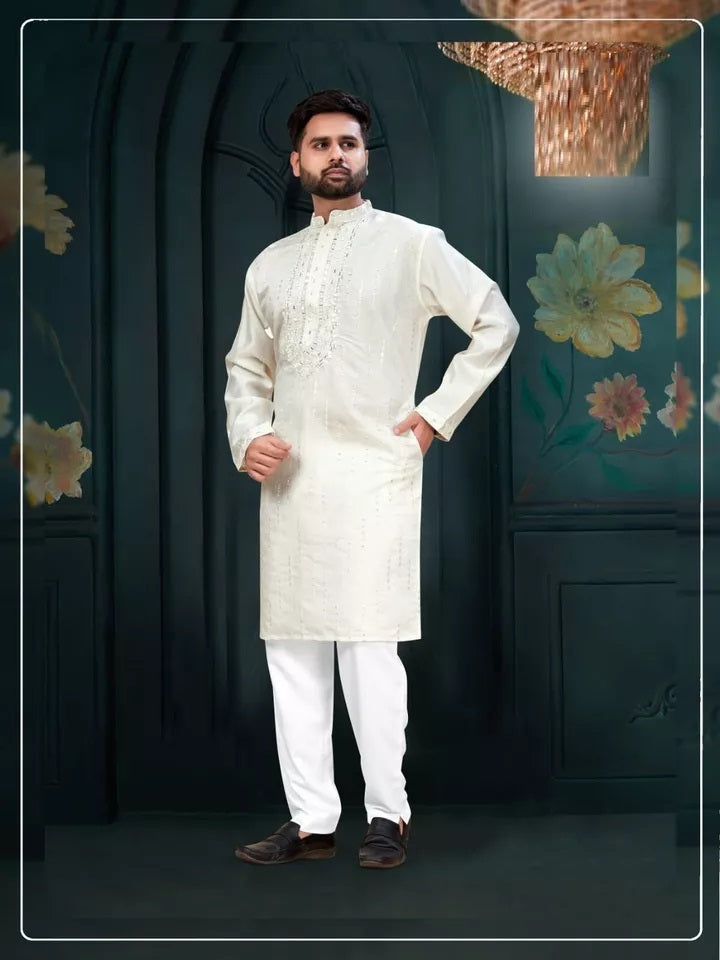Classic Beautiful Exclusive Stitched 14 Kg Roman Silk Kurta Pajama For Men's