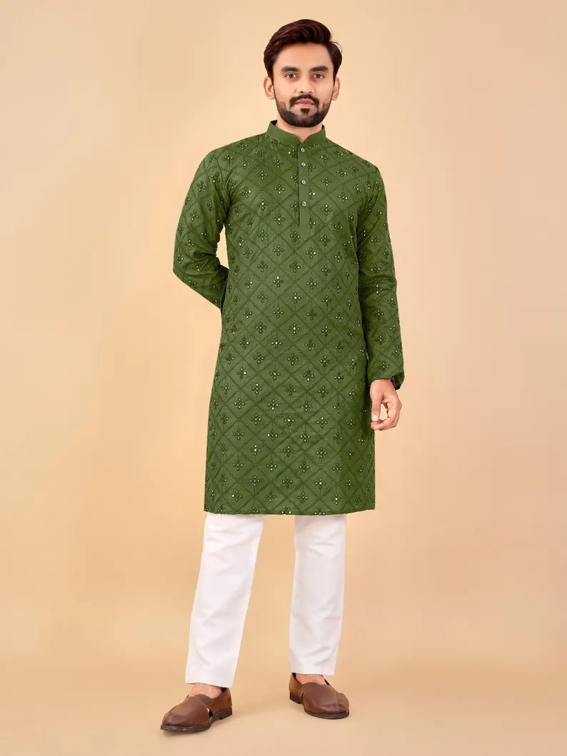Soft Cotton Embroidery Mirror Work Men's Kurta Pajama Set