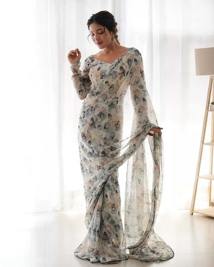 Premium Georgette With Fancy Lace Border Work Read To Wear Sari With Blouse