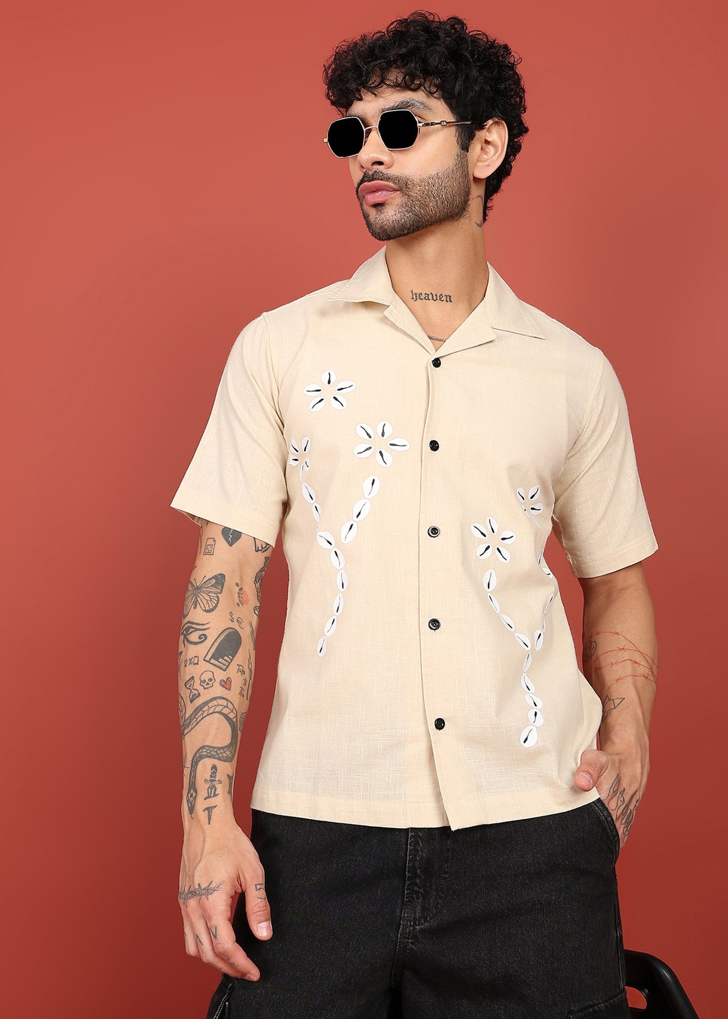 Fabmade Men’S Beige Linen Embroidered Resort Shirt