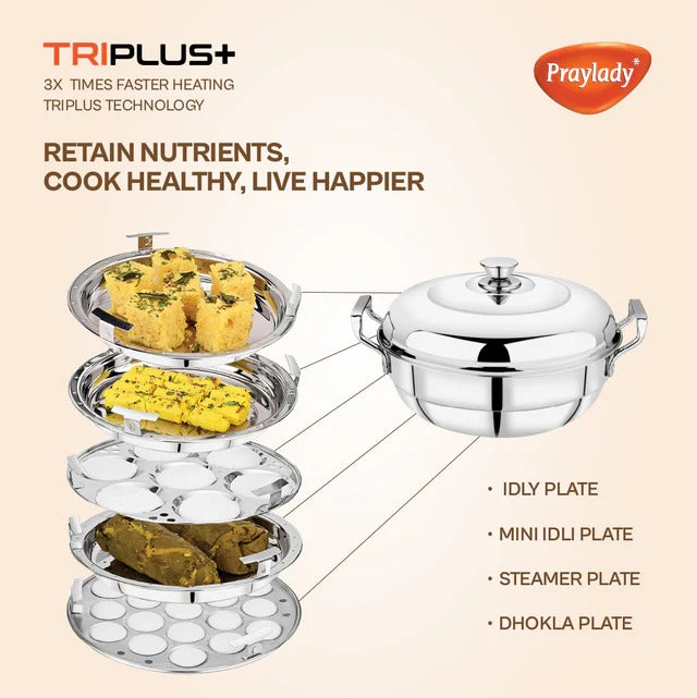 PrayLady Triplus Triply SS Multi Kadai 6 Plates (2 Idli+2 Dhokla+1 Mini Idli+1 Steamer) Induction Gas