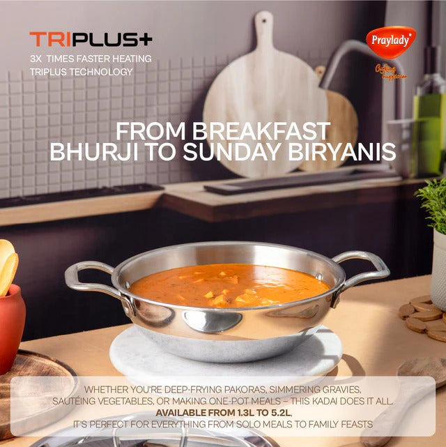 PrayLady Triplus Triply Stainless Steel Kadai with Lid