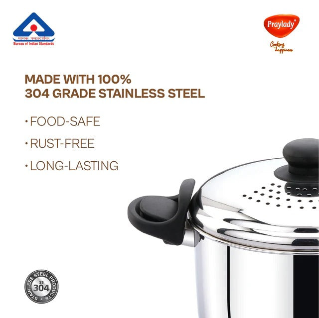 PrayLady Strainer Pro Max 4.2L 304 Grade SS Multi-Purpose Pot with Glass Lid Triply Bottom Idli Cooker 4 Plates Induction Gas