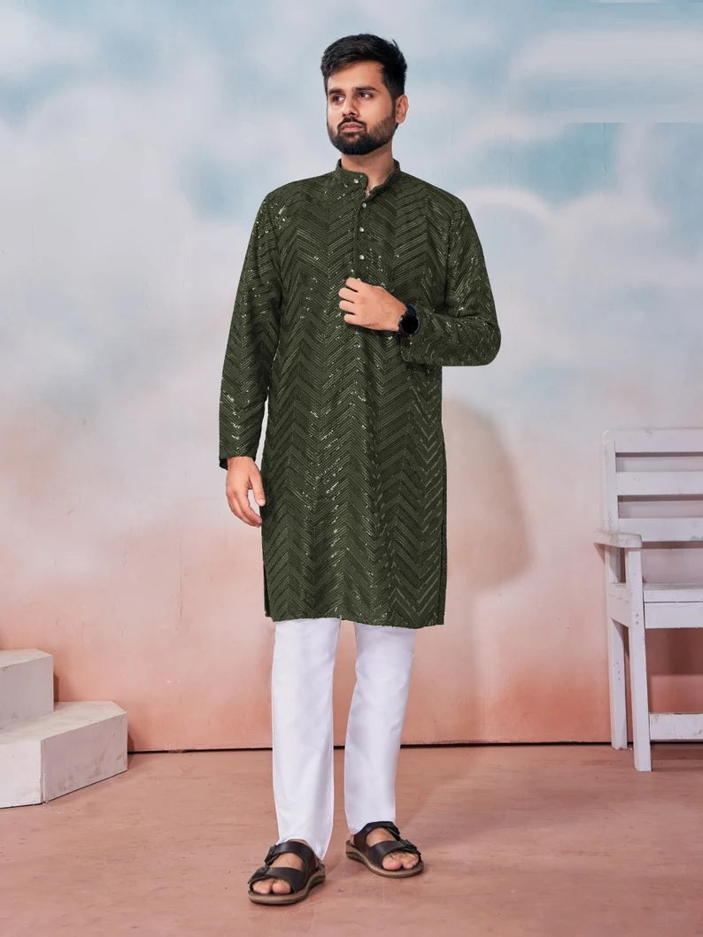 Heavy Rayon Chikan Work Kurta Pajama Combo For Men's