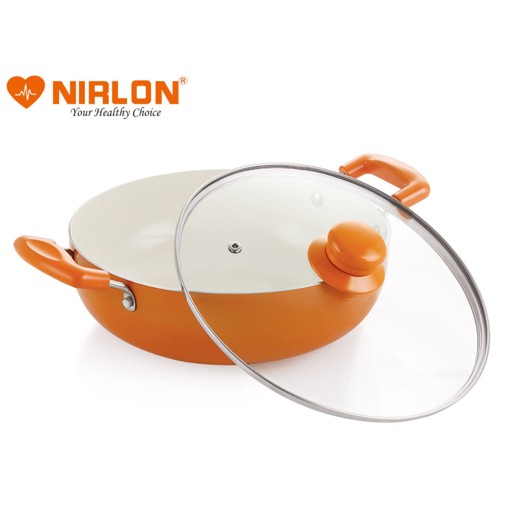 Nirlon Ceramic Non Stick Induction Aluminium Kadhai With Glass Lid | 2.25 Litres | Orange