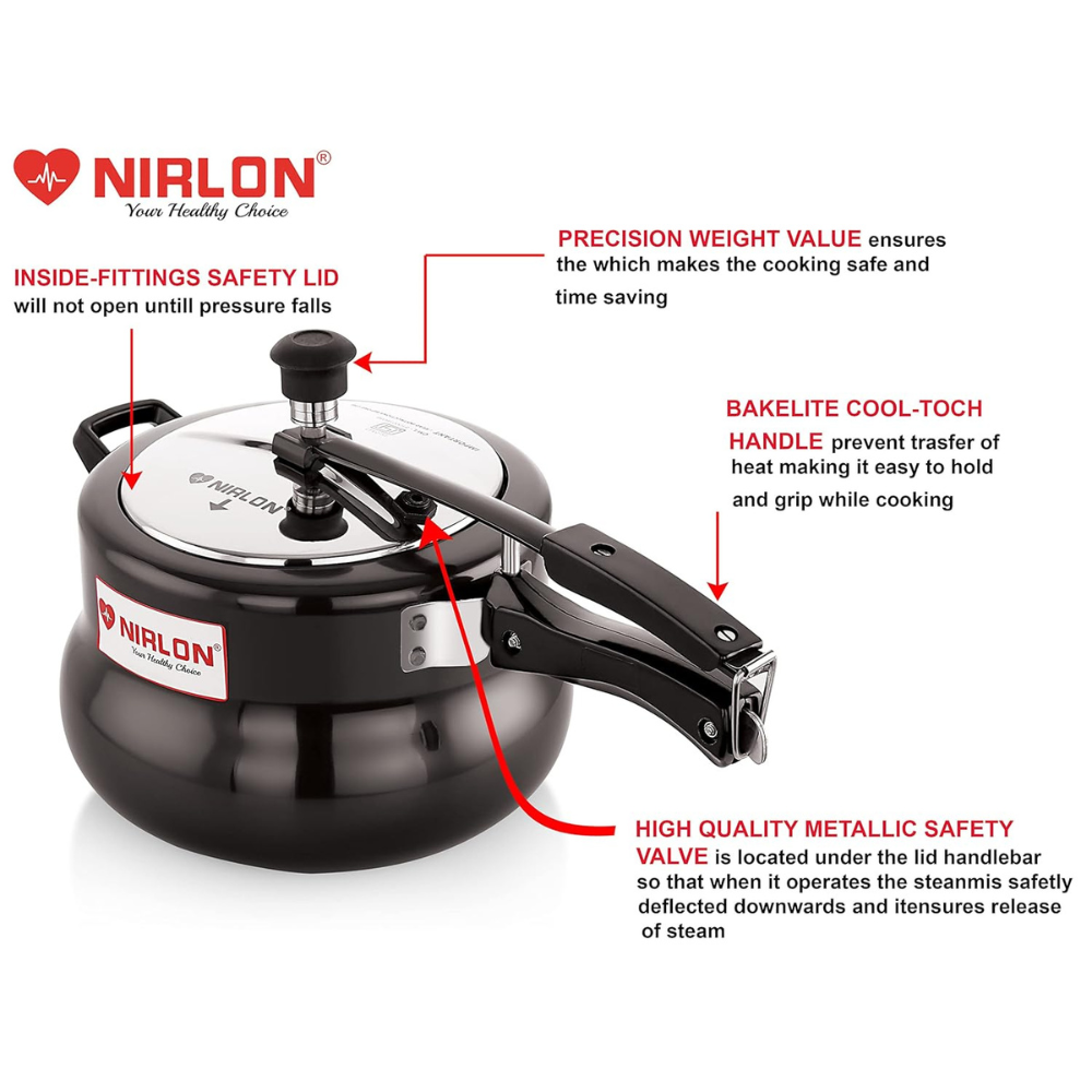 Nirlon Induction and Gas Compatible Hard Anodised Handi Shape Inner Lid Aluminium Pressure Cooker, 3 Litre, Black