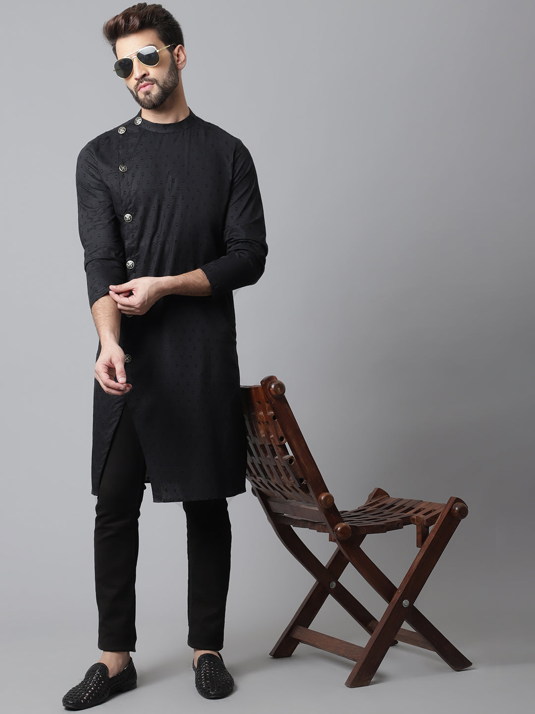 Even Apparels Black Pure Cotton Kurta With Band Collar