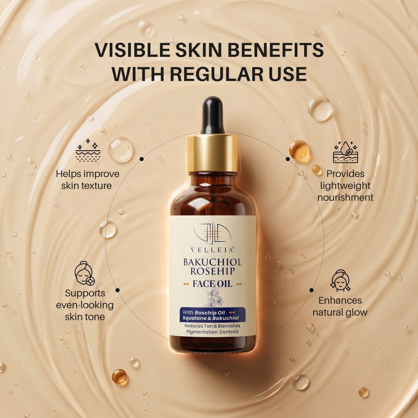 Velleja Bakuchiol Rosehip Face Oil with Squalane for Pigmentation & Dark Spots | Velleja