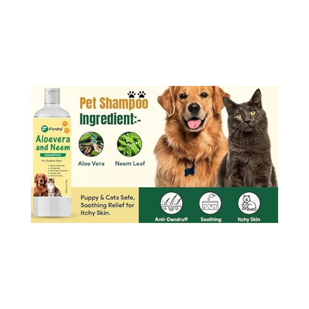 Finito Aloe Vera & Neem Pet Shampoo for Dogs & Cats | Natural, Gentle, Moisturizing Formula | 200 Ml