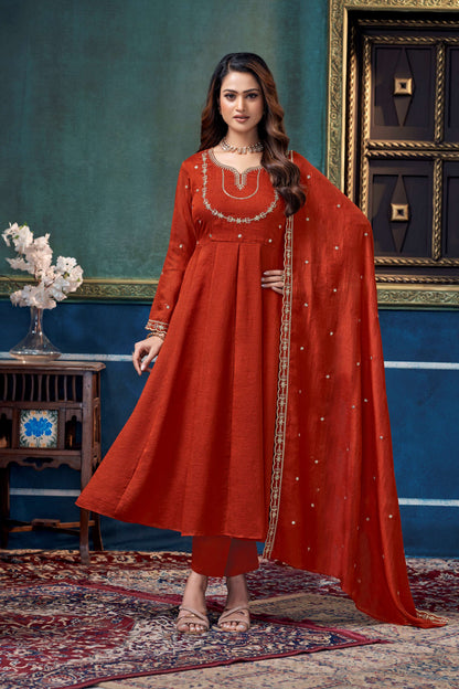 Anaita Rust Anarkali Readymade Suit with Embroidery Work