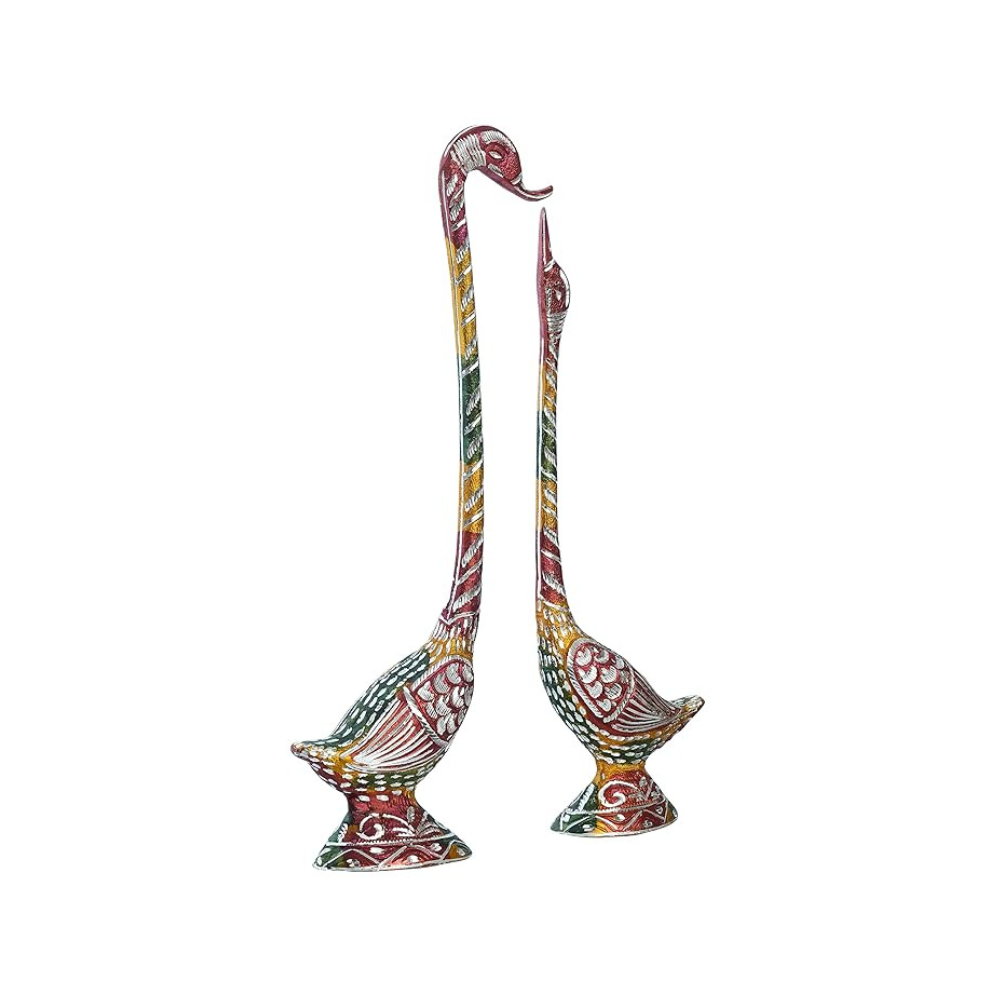 Ecraftindia Colorful Metal Handcrafted Kissing Swan Couple Statues Swan Showpieces Love Bird Figurines